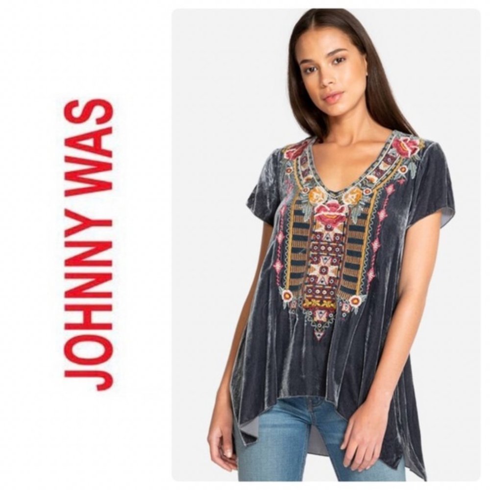 JOHNNY WAS Cherelle Velvet Drape Top in Stormy Taupe (Gray/Blue) M